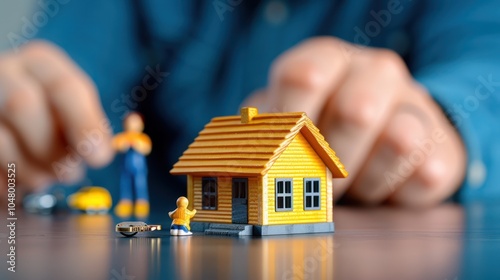 Family Fun in New Home: Wooden Toy House Closeup with Mom, Dad, and Child Playing in Living Room - Real Estate Buying Concept