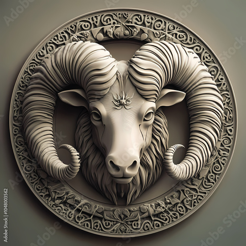 A powerful ram symbol representing the Aries zodiac, with strong, curled horns and a determined expression, embodying courage, energy, and leadership under the vibrant spring sky. photo