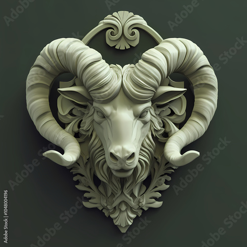 A powerful ram symbol representing the Aries zodiac, with strong, curled horns and a determined expression, embodying courage, energy, and leadership under the vibrant spring sky. photo