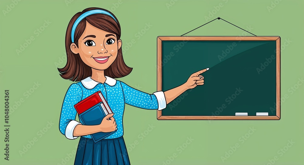 Hand drawing clipart of a girl teacher holding books and pointing to a ...