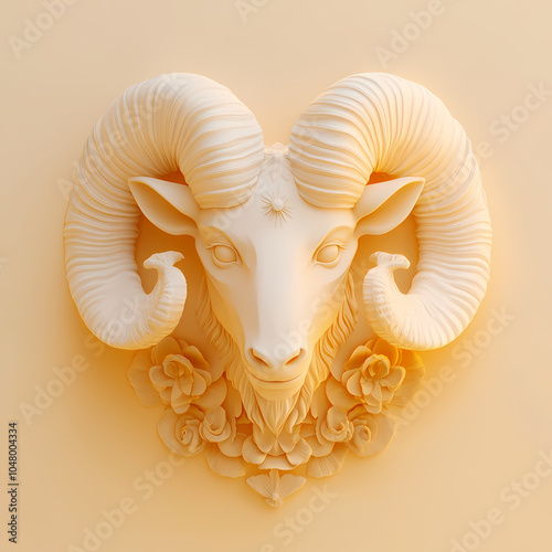 A powerful ram symbol representing the Aries zodiac, with strong, curled horns and a determined expression, embodying courage, energy, and leadership under the vibrant spring sky. photo