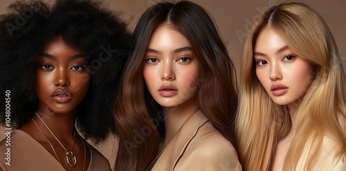 Three diverse models wearing neutral-colored on a white background