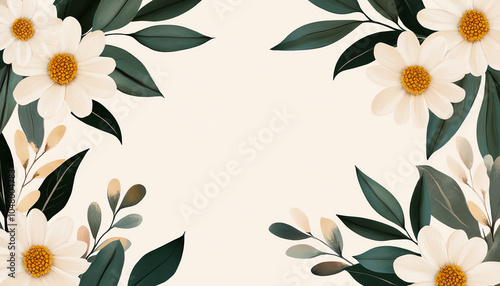 A beautiful composition of elegant white flowers and lush green leaves against a soft beige background, perfect for invitations or decorative designs.