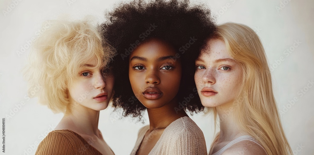 Fototapeta premium Three beautiful models wearing luxury beige and gold necklaces, posing in front of the camera against an off-white background