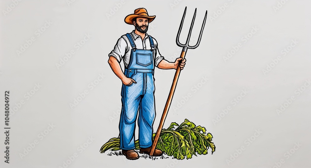Hand drawing clipart of a man farmer holding a pitchfork and wearing ...