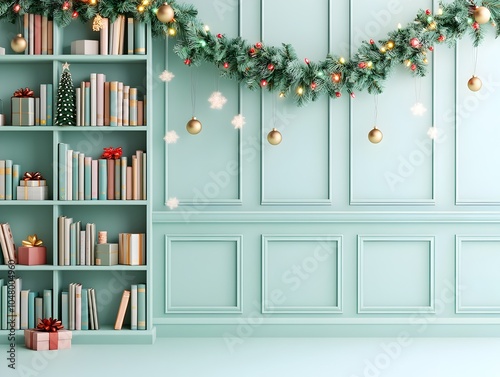 Cozy Christmas-Decorated Bookshelf in Nursery with Festive Garland and Warm Lighting
