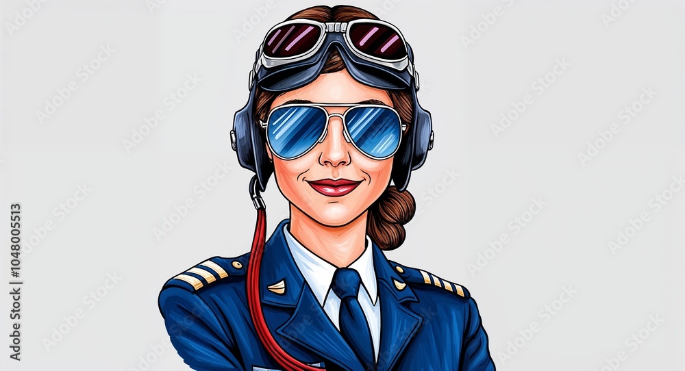 Hand drawing clipart of a woman pilot in a uniform with aviator sunglasses on plain white background Hand drawing clipart of a woman pilot in a uniform with aviator sunglasses on plain white background