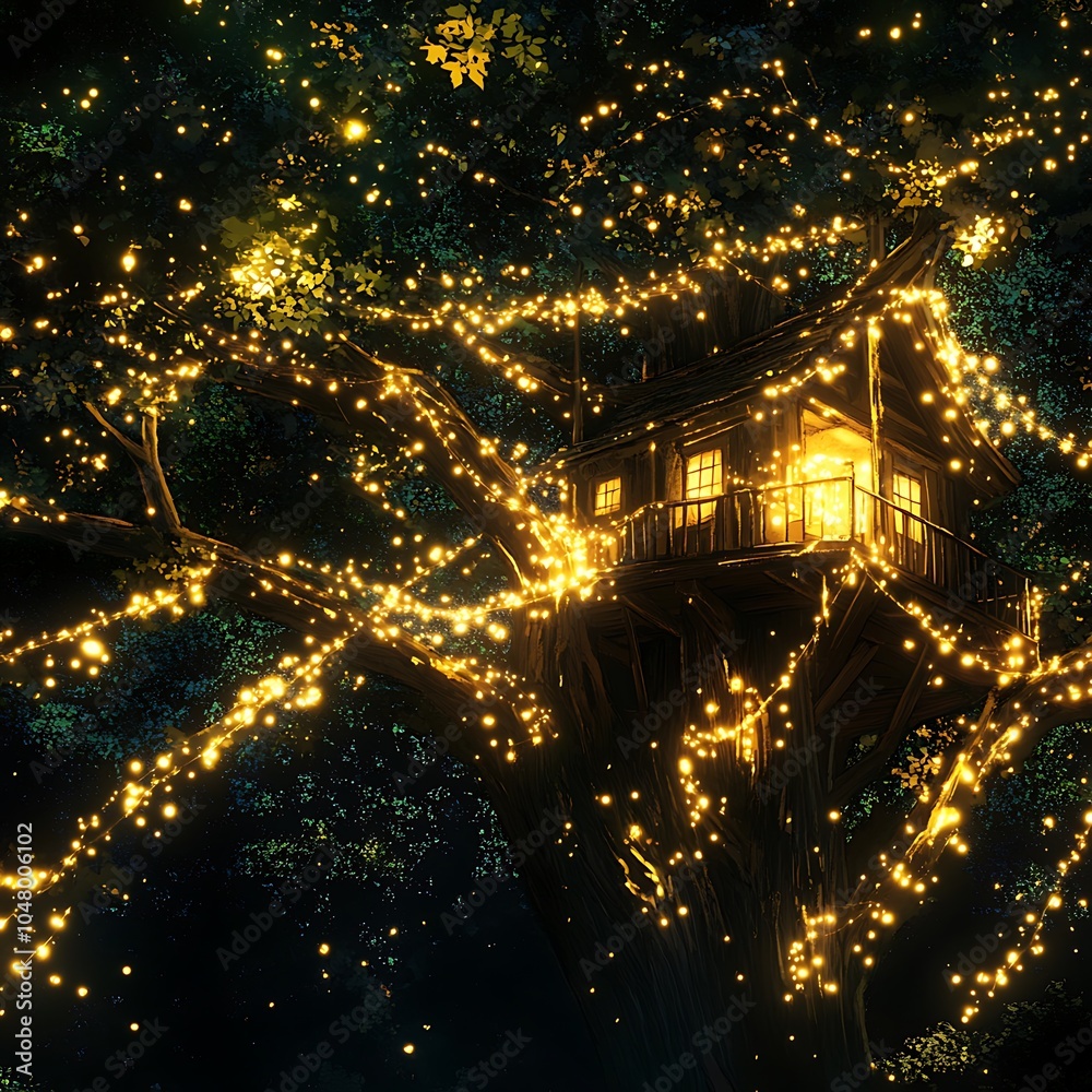 Naklejka premium Enchanting Treehouse Adorned with Fairy Lights.