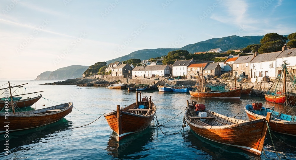 Coastal fishing village with wooden boats and nets Coastal fishing village with wooden boats and nets