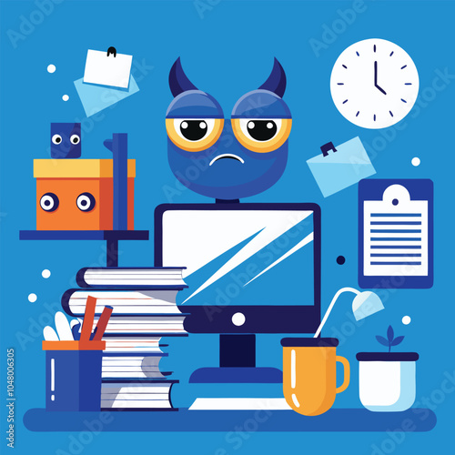 Blue Monday Stress: Cluttered Office Desk, Coffee, Emails, and Tired Eyes - Work Overload Concept