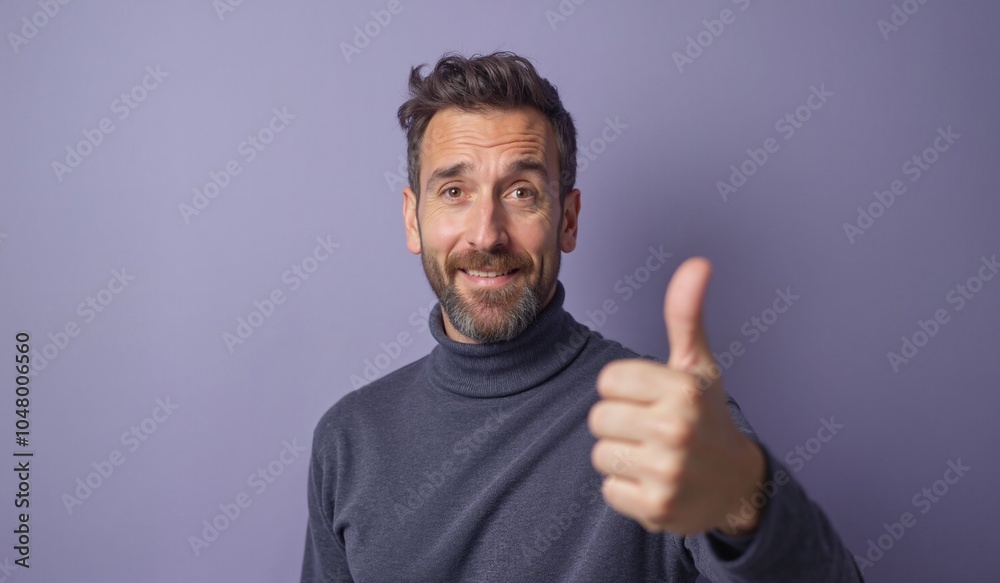 Bearded Man Enthusiastically Giving Thumbs Up Against Purple Background Bearded Man Enthusiastically Giving Thumbs Up Against Purple Background