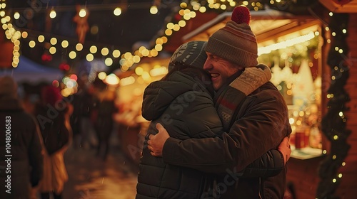 happy couple hugging at christmas market souvenir shop stall in evening, Crowd in the mall 