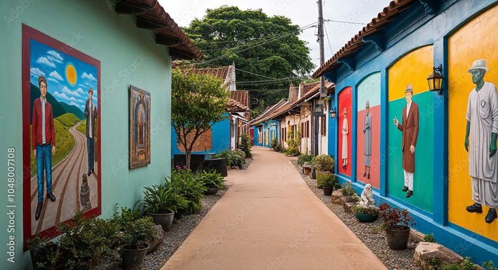 Fototapeta premium Heritage village path with murals and statues