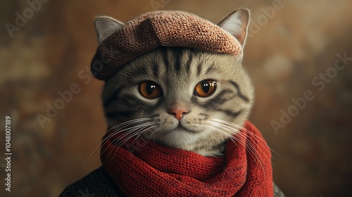 Wallpaper Mural Chic cat in a beret and scarf posing confidently like a model 3d render Torontodigital.ca