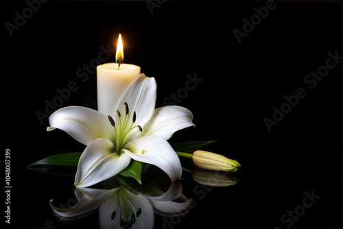 Serene White Lily with Candlelight Reflection on Black Background