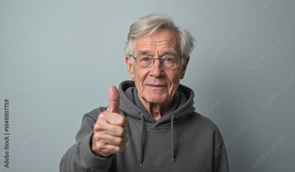 Elderly man with friendly smile giving thumbs up against light background Elderly man with friendly smile giving thumbs up against light background
