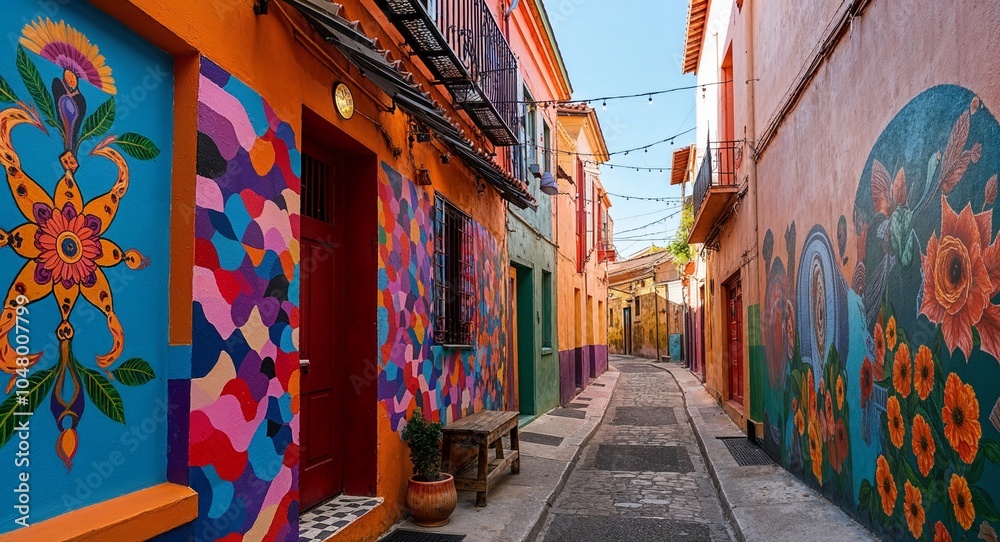 Naklejka premium Narrow alley lined with colorful murals and local art