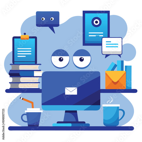 Blue Monday Stress: Cluttered Office Desk, Coffee, Emails, and Tired Eyes - Work Overload Concept
