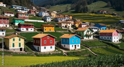 Mountainside village with colorful homes and fields