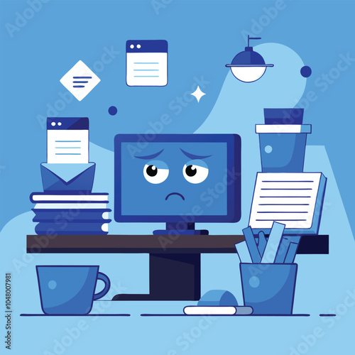 Blue Monday Stress: Cluttered Office Desk, Coffee, Emails, and Tired Eyes - Work Overload Concept