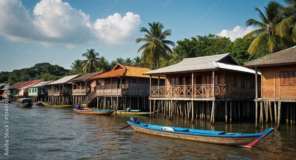 Fototapeta premium Riverside village with stilted homes and boats
