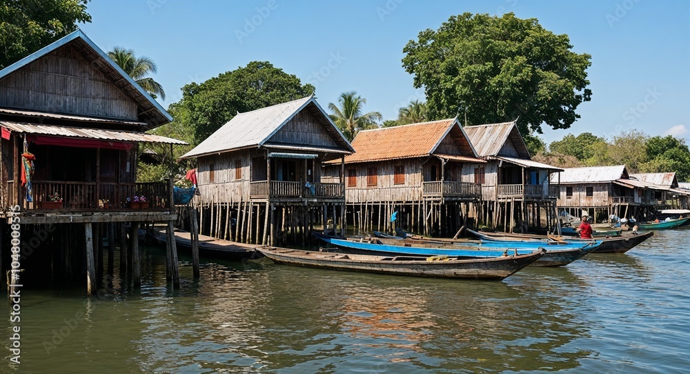 Riverside village with stilted homes and boats Riverside village with stilted homes and boats