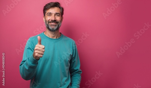 Cheerful mature man with thumbs up gesture against pink background with copy space
