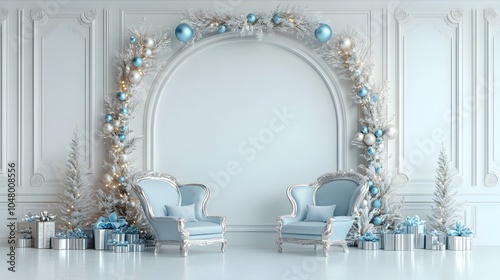 Luxury Christmas Living Room with Elegant Blue and Silver