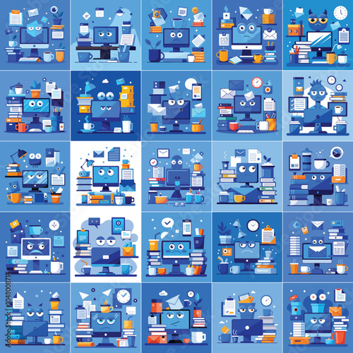 Blue Monday Stress: Cluttered Office Desk, Coffee, Emails, and Tired Eyes - Work Overload Concept