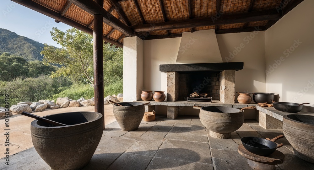 Traditional cooking area with stone stoves and pots Traditional cooking area with stone stoves and pots