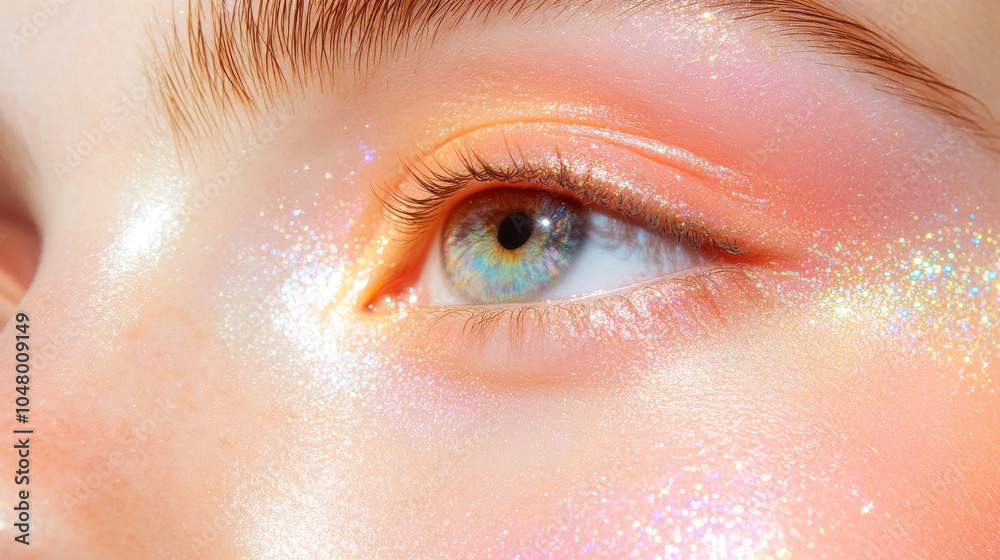 close up of sparkling eye with vibrant makeup, featuring shimmering pink and orange hues, creates captivating and dreamy look