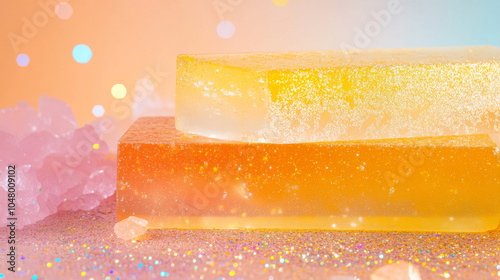 Two translucent orange soap bars with glittery texture rest on sparkling surface, surrounded by pink crystals. background features soft, colorful gradient, creating dreamy atmosphere
