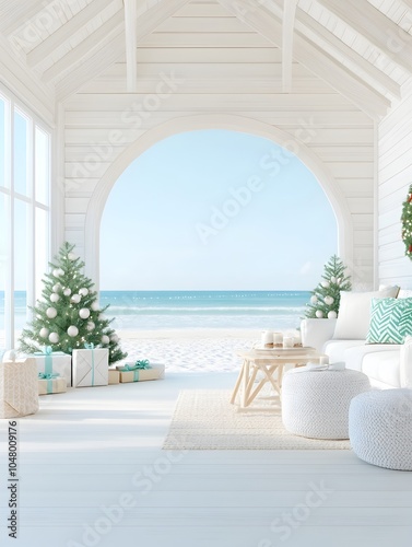 Cozy Coastal-Style Living Room Decorated for Christmas Holidays