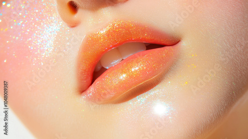 close up of glossy, shimmering lips with radiant glow, showcasing vibrant orange and pink hues. glittery texture adds magical, ethereal touch to makeup