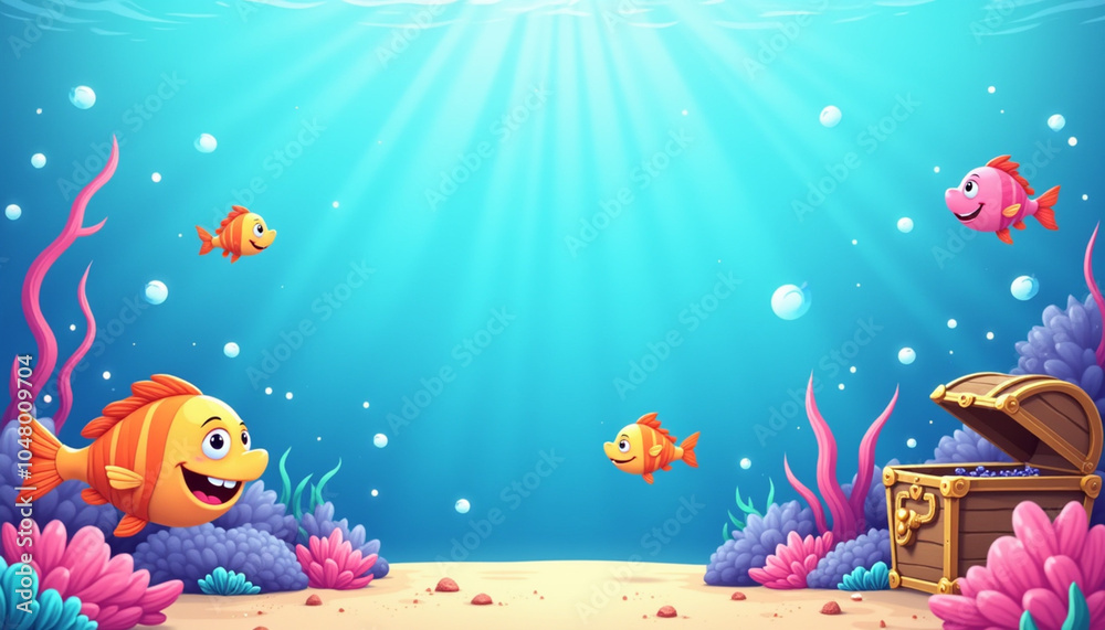 Cartoon underwater background, playful fish, coral reefs, and treasure chests in bright blues and pinks, fun and colorful Cartoon underwater background, playful fish, coral reefs, and treasure chests in bright blues and pinks, fun and colorful