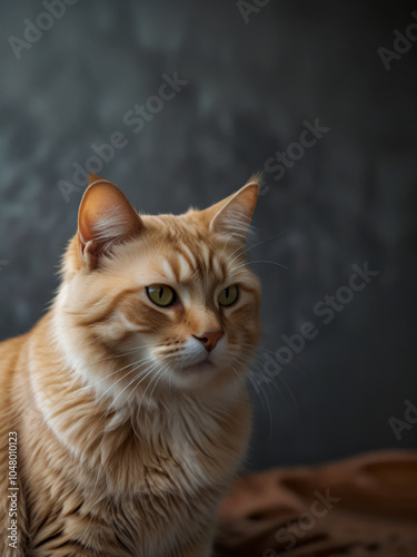 A cat sits against a plain background