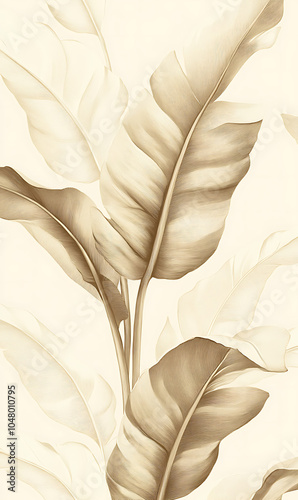 Elegant and sophisticated, this wallpaper design features large, stylized leaves in soft beige tones against light background, creating serene and calming atmosphere