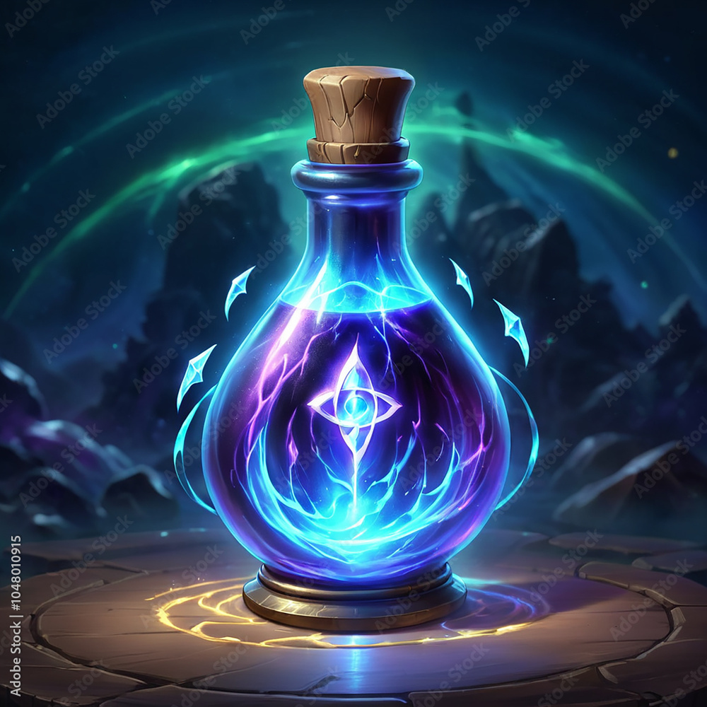 A glass potion bottle with a wooden cork sits on a stone platform, glowing with vibrant blue and purple energy. A swirling symbol resembling an eye is visible within the liquid. A glass potion bottle with a wooden cork sits on a stone platform, glowing with vibrant blue and purple energy. A swirling symbol resembling an eye is visible within the liquid.