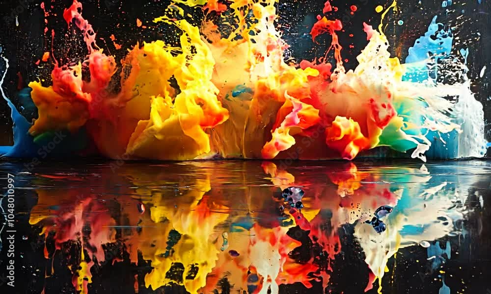 A vibrant abstract painting depicting flames reflecting on a dark surface.