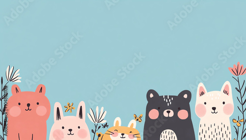 A playful illustration featuring a lineup of cute cartoon animals against a soft blue background, surrounded by whimsical flowers.
