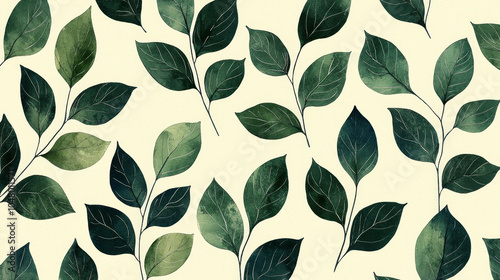 Seamless pattern of green leaves on light background, creating natural and fresh design. leaves vary in shades, adding depth and texture to pattern