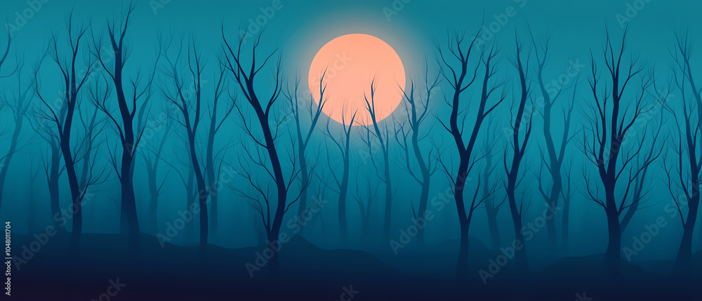 A serene night scene featuring silhouetted, leafless trees against a glowing full moon, casting a calm ambiance over a misty landscape.