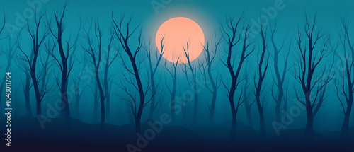 A serene night scene featuring silhouetted, leafless trees against a glowing full moon, casting a calm ambiance over a misty landscape.