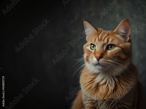 A cat sits against a plain background