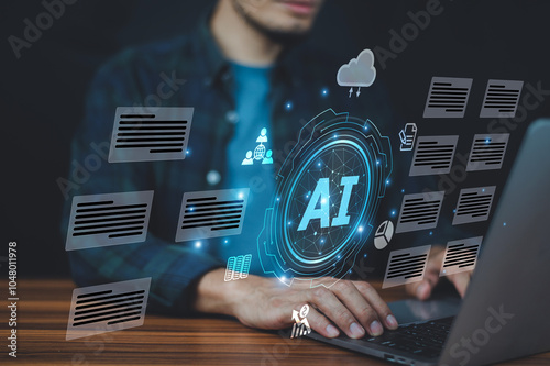 Obraz na płótnie Businessman using AI software to automate repetitive tasks, allowing more focus on innovation and strategic planning. w salonie
