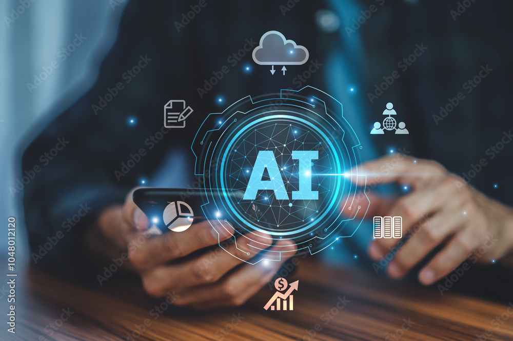 Businessman leveraging AI technology to monitor data privacy compliance, automating processes to meet regulatory standards effectively.