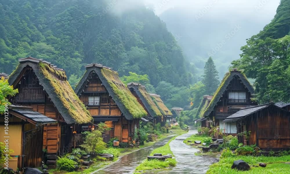 Tranquil village with traditional thatched-roof houses beside a winding stream in lush greenery. Tranquil village with traditional thatched-roof houses beside a winding stream in lush greenery.