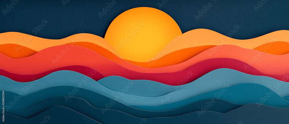 A vibrant, layered paper cut design of waves and a sun, showcasing warm and cool colors, ideal for modern digital art or graphic projects.