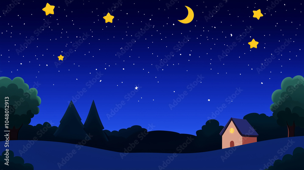 Obraz premium Starry Night with Crescent Moon and House
