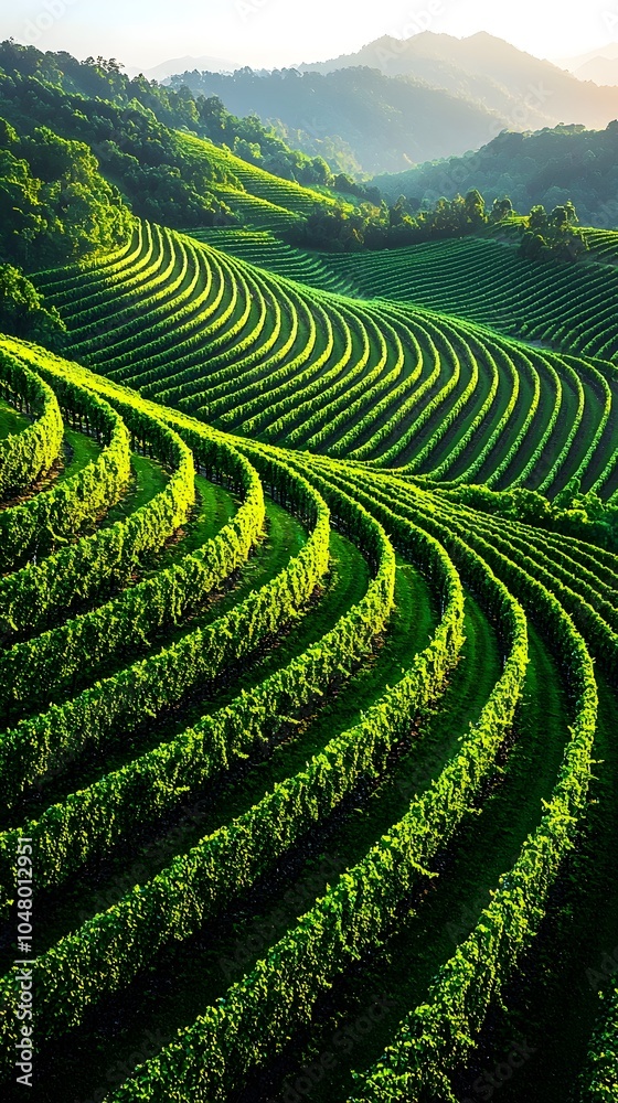 Fototapeta premium A stunning aerial view of lush green terraced fields, showcasing vibrant patterns and lines that weave through the hillside, illuminated by soft morning light.